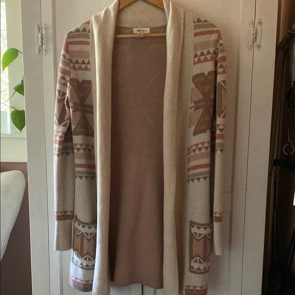 Cream and Brown Open-Front Cardigan Sweater - Picture 1 of 4